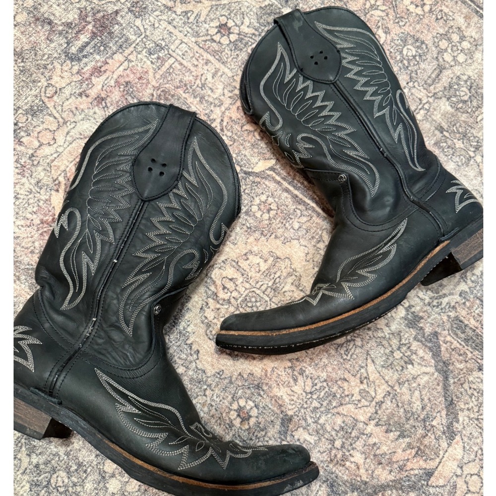 Vintage Liberty Boot Co Black Mens Leather Cowboy Boots Embroidered Skull  10